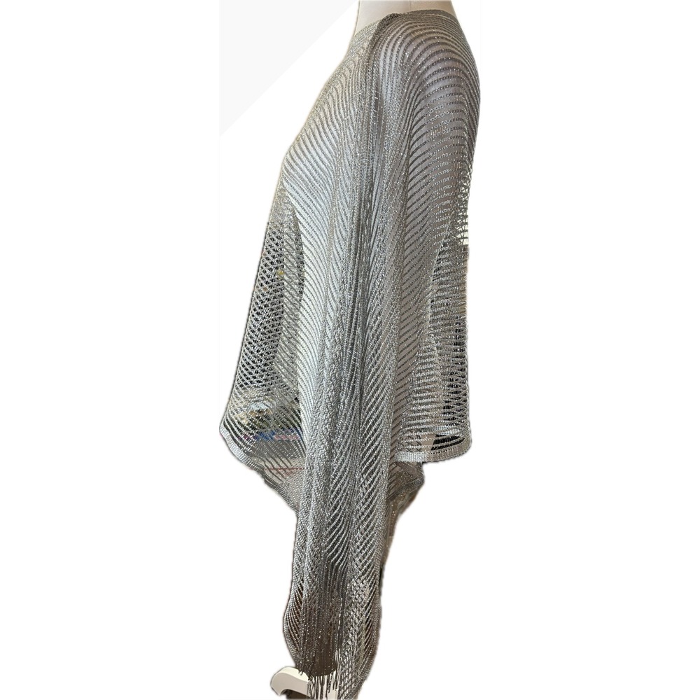 Silver Metallic Knit Fringe Poncho Wrap Shawl Metallic Mesh Evening Layering Top - Picture 2 of 3